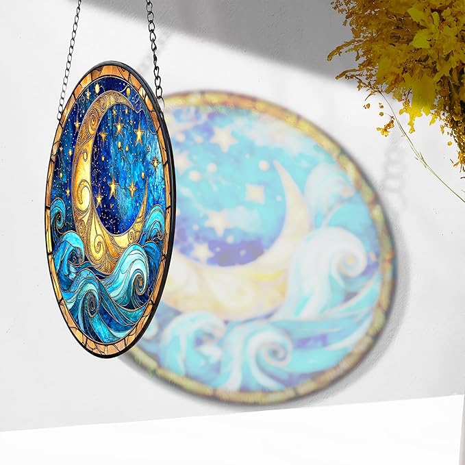 7.8" Night Sky Suncatcher Stained Glass Window Hanging Moonlight Sun Catchers Moon Star Ornament Wall Art Home Garden Kitchen Room Door Decor Birthday for Women Men Mom