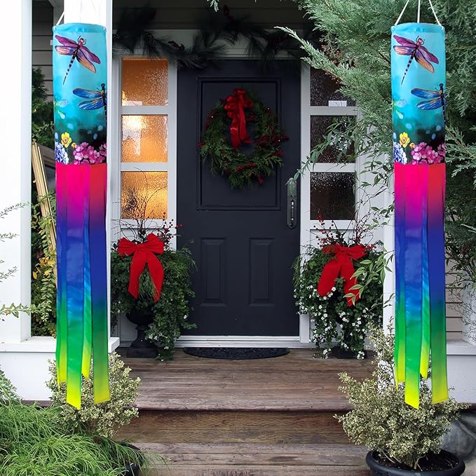 Floral Dragonfly Windsock 40 Inch Durable Outdoor Hanging Decoration for Yard Garden Patio Home and More