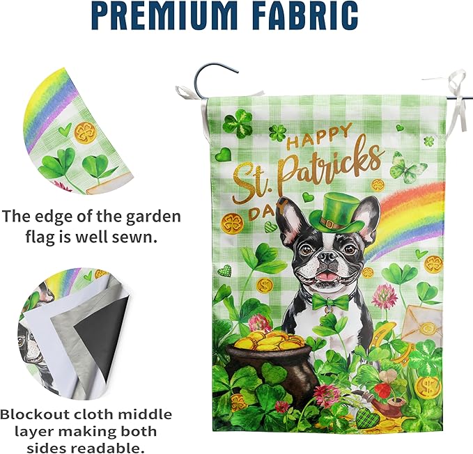 Boston Terrier St Patricks Day Garden Flag Dog St Patrick's Day Yard Flags for Outside 12x18 Double Sided Buffalo Plaid Shamrock Flag Small Outdoor Rainbow St Patrick's Decor
