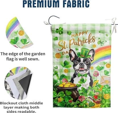 Boston Terrier St Patricks Day Garden Flag Dog St Patrick's Day Yard Flags for Outside 12x18 Double Sided Buffalo Plaid Shamrock Flag Small Outdoor Rainbow St Patrick's Decor