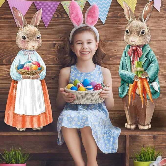Capoda 2 Pack Easter Decorations Outdoor Yard Signs Bunnies 32.2 x 12.9 Inch Easter Eggs Yard Stake with H Stands for Holiday Party Spring Patio Lawn Garden Decor(Bunny Style)