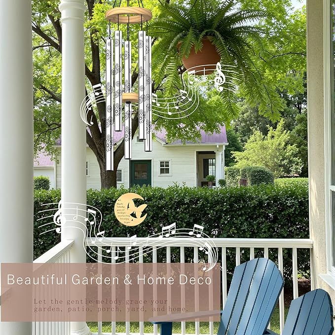 Modern Wind Chimes for Outside, 32" Daisy Print Wind Chime with Butterfly Pendant for Birthday, Mother's Day, Unique Gifts for Women, Garden Yard Patio Porch Home Hanging Decor(Silvershine)