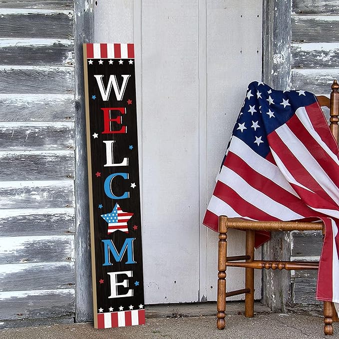 Patriotic 4th of July Independence Day Porch Sign Decor Memorial Day Wooden Hanging Sign Door Porch Standing Decorative Signs Plaques Front Door Farmhouse Outdoor Indoor Welcome Sign Wall Craft Decor 47.2"H