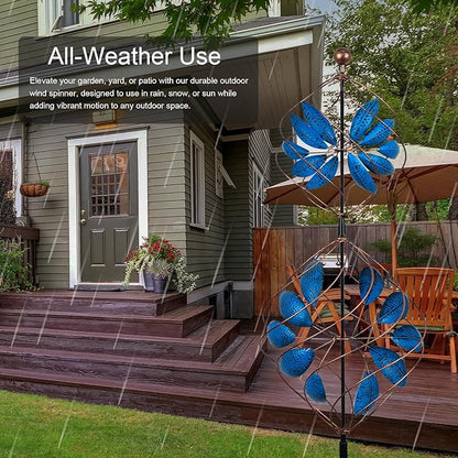 hogardeck Large Wind Spinner Outdoor, 85" Metal Kinetic Wind Spinner with Heavy-Duty Stakes, 360° Rotating Double-Layer Retro Yard Art for Home Outside Garden Lawn Backyard Patio Decor (Blue, Bronze)