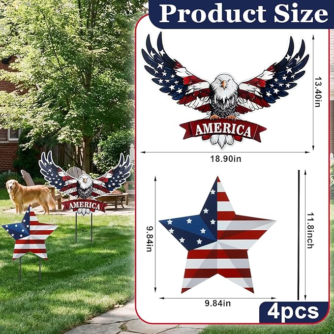 Silkfly 2pcs 4th of July Metal Decorations for Outdoor Patriotic Memorial Day Garden Yard Sign 250th Eagle Metal Blue Red Star Art Decor Outside Americana Garden Stake for Lawn Independence Day Gifts