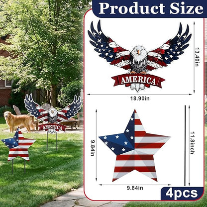 Silkfly 2pcs 4th of July Metal Decorations for Outdoor Patriotic Memorial Day Garden Yard Sign 250th Eagle Metal Blue Red Star Art Decor Outside Americana Garden Stake for Lawn Independence Day Gifts