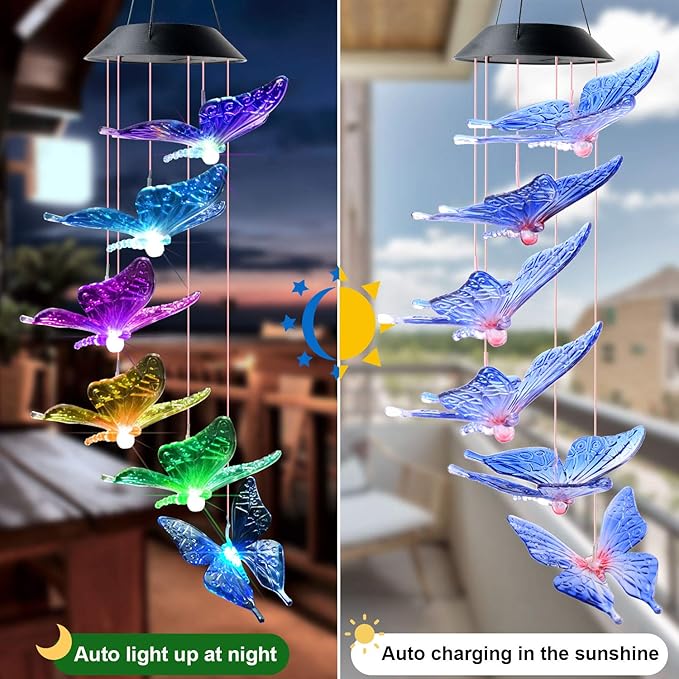 DOUBLEZHE Solar Butterfly Wind Chimes for Outside, Valentines Day Gifts for Her, Birthday Gifts for Women Mom Grandma, for Girlfriend Wife Sister, Solar Lights Garden Outdoor Patio Yard Decor