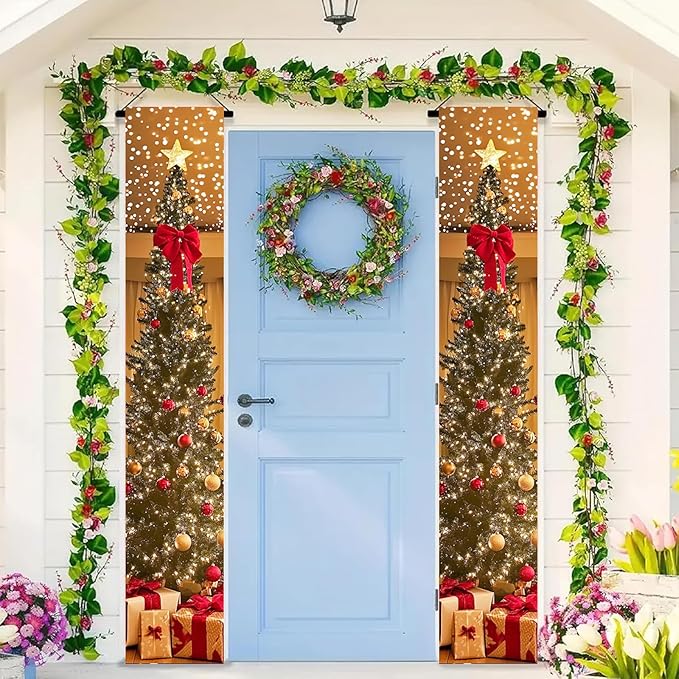 BlissYard Christmas Tree Long Vertical Banner Outdoor Front Porch Hanging Decor 12x71 Inch Xmas Tree Sparkling Ornaments Lights Star Festive Indoor Outdoor Xmas Decor Wall Front Door Yard Garage