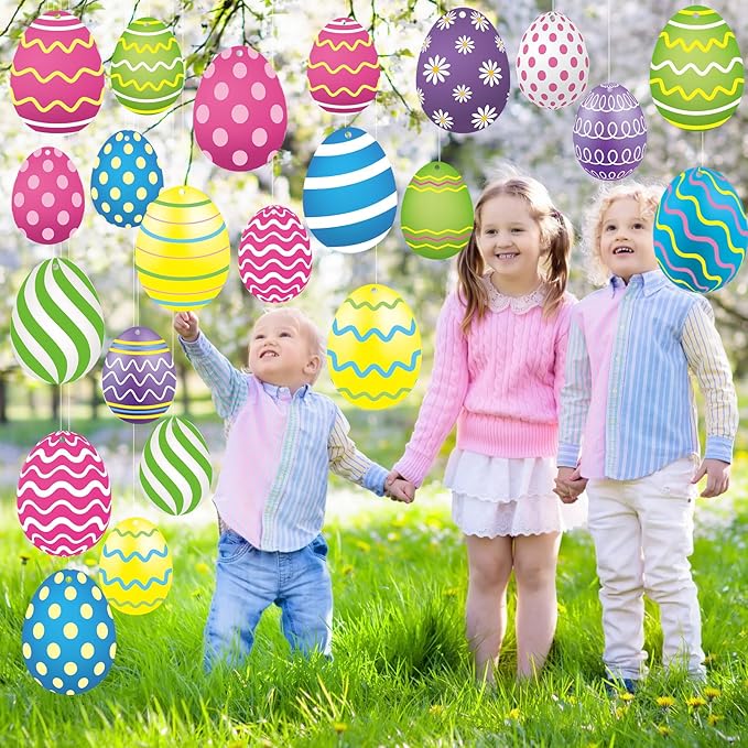 Yunlly 30 Pcs Easter Egg Decorations Outdoor Easter Tree Hanging Yard Signs 2 Size Colorful Egg Shaped Double Sided Plastic Slices Ornaments for Tree Porch Lawn Yard Outside Spring Party Decor