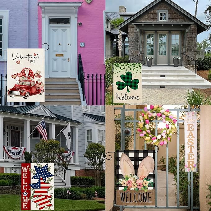 Seasonal Garden Flags for Outside, 12x18 Double Sided Yard Flags Outdoor Holiday Decor Set of 12 Small Burlap Welcome Garden Flags for All Seasons (Seasonal 01)