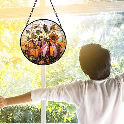 DASTOLL Stained Glass Window Hanging, Pumpkin Sunflower Suncatcher Diamond Glass Panel Sun Catchers Decor for Birthday for Women, Men, Wife, Aunt, and Mom 6.3 in