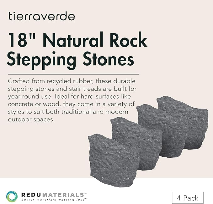 TierraVerde 4-Pack 18”x22” Natural Rock Rubber Stepping Stones, Grey – Non-Slip Outdoor Faux Decorative Set for Landscaping & Gardening – DIY Decor for Walkways & Yard Pathways