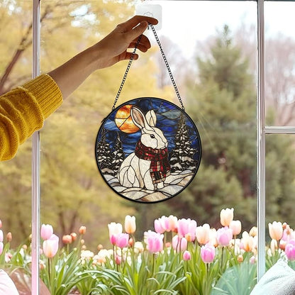 Winter Christmas Bunny Suncatcher Stained Glass Window Hanging Decorstions, Nature Landscape Stained Glass Wall Decor, Winter Solstice Gifts, Forest Garden Lawn Sun Catchers Art, 7.9x7.9Inch
