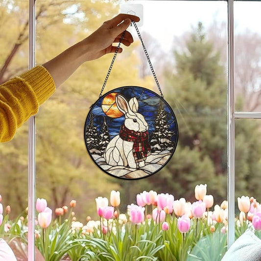 Winter Christmas Bunny Suncatcher Stained Glass Window Hanging Decorstions, Nature Landscape Stained Glass Wall Decor, Winter Solstice Gifts, Forest Garden Lawn Sun Catchers Art, 7.9x7.9Inch
