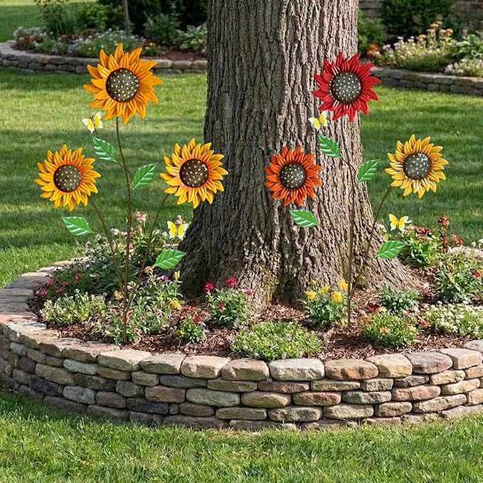 Metal Flowers for Outside, 30-Inch Iron Sunflower Garden Stakes Set of 2, Colorful Metal Yard Art for Outdoor and Garden, Decorative Garden Stakes for Patio & Lawn Decor