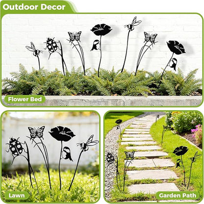 KODIBO 4-Pack Yard Stakes for Decorations, Black Metal Bird Bee Buttterfly Ladybug Silhouette Stakes, Weather-Resistant Garden Statues, Modern Yard Decor for Planters, Flower Bed, Patio & Lawn