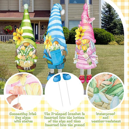 Umigy 3 Pcs Spring Yard Gnome Sign with Stakes 32 x 10 Inch Cute Spring Garden Decor Outdoor Lawn Sign Outside Flower Garden Signs for Home Pathway Walkway