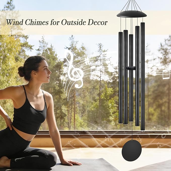 48" Extra Large Wind Chimes with Outside Deep Tone, 5 Thick and Bold Aluminum Tubes, Coolest Metal Windchimes Outdoors with Pine Wood Striker, Unique Gift for Mom, Garden Decoration(Black)