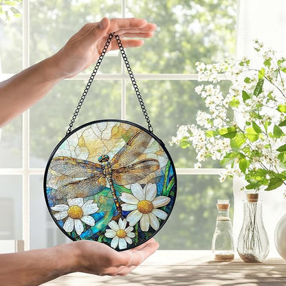 Dragonfly Suncatchers Stained Glass Window Hanging, Dragonfly Flower Sun Catchers Indoor Window Glass Round Wall Decor, Nature Insect Floral Wall Hanging Decorations, 7.9x7.9in