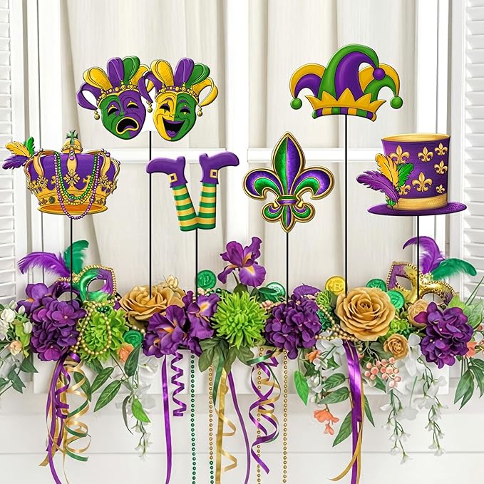 Shimeyao 6 Pcs Mardi Gras Metal Garden Stakes Mardi Gras Carnival Metal Garden Signs Yard Stakes Outdoor Decor for Carnival Party Home Lawn Porch Holiday Front Backyard