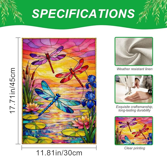 IVN Dragonfly Garden Flag 12x18 Inch – Sunset Lake Stained Glass Style Outdoor Flag, Double Sided Burlap Yard Flag for Porch Lawn Patio Decorative