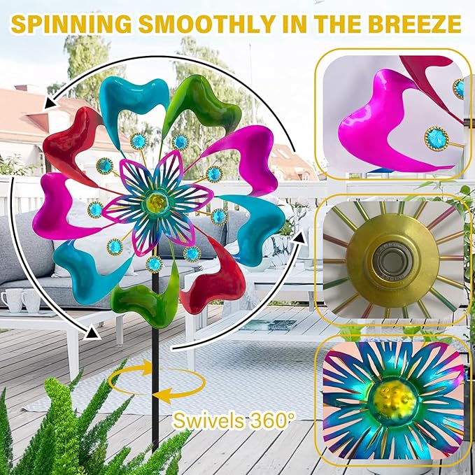 45" Flowers Wind Spinners for Yard and Garden, Sapphire Colored Leaves Kinetic Wind Spinner Outdoor Decor, Wind Sculpture Yard Art Decorations for Patio, Lawn & Garden