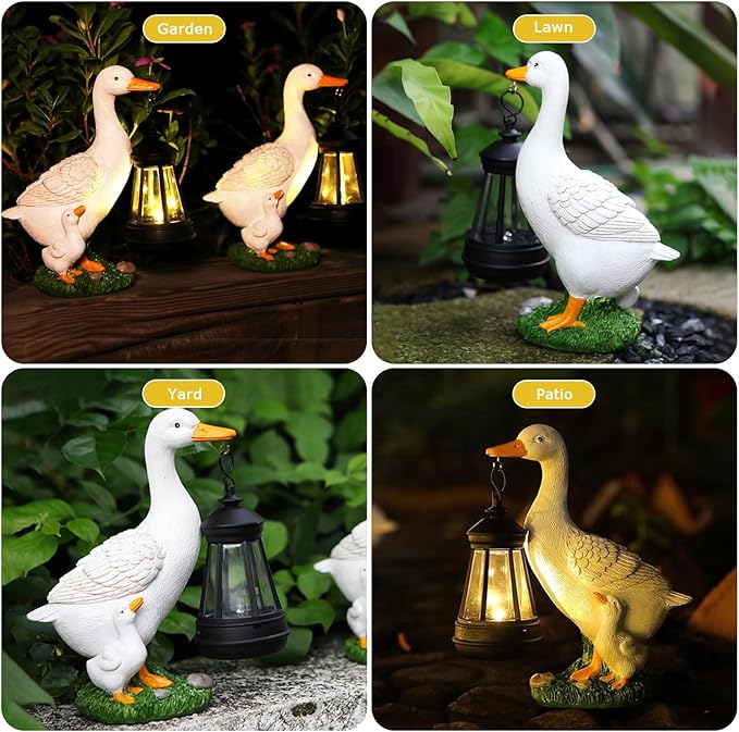 VEEKI Garden Statue Outdoor, Cute Goose Statue Figurine Lights with Solar Lantern Outdoor Waterproof, Resin Outdoor Decor Sculpture for Yard Porch Patio Lawn, Unique Gifts for Mom Grandma Women