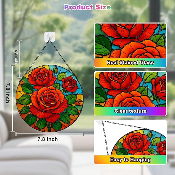 Rose Stained Glass Window Hanging, Rose Suncatcher for Indoor Window, Gift for Women, Wife, Couple (7.8Inch)