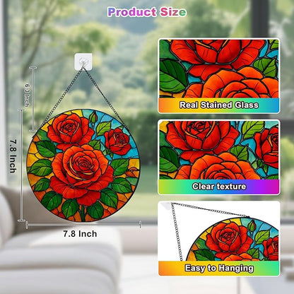 Rose Stained Glass Window Hanging, Rose Suncatcher for Indoor Window, Gift for Women, Wife, Couple (7.8Inch)