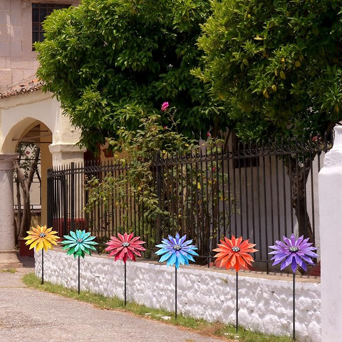 Suncalla 6 Pcs Metal Flowers Stakes Garden Decor for Outside 24 Inch Colorful 3D Zinnia Flowers Yard Art Decor for Spring Outdoor Lawn Porch Pathway Patio Decoration