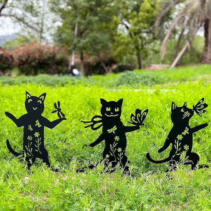 Metal Black Cat Decorative Garden Stakes,3 Pack 15" Cat Stakes Garden Decor for Outside,Large Black Cat Silhouette Statues Decorations for Cat Lovers Outdoor Decor,Yard Art,Lawn Ornaments