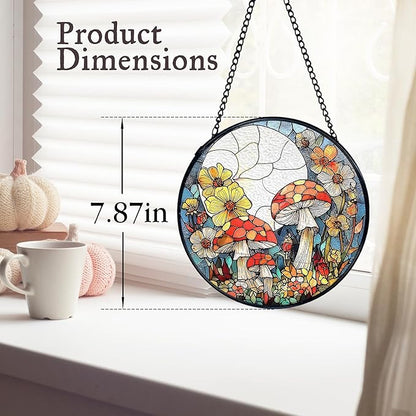 kdqua Mushroom Flower Suncatcher Stained Glass Window Hanging, Full Moon Mushroom Sun Catchers Indoor Window Glass Round Wall Decor, Cottagecore Wall Art Hanging Decorations Statues, 7.9x7.9in