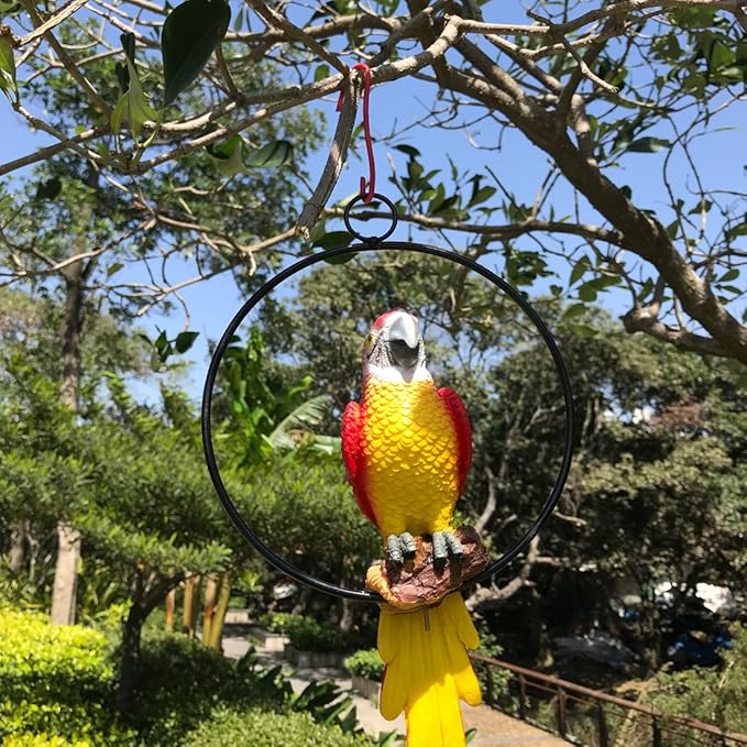 Hanging Parrot Statue Sculpture On Metal Round Ring Decor for Patio Garden Lawn and Nature Lovers Tropical Bird Collectors by Gifts, 10 inches Long Yellow