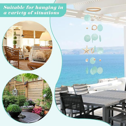 Sea Shells Wind Chimes - Handcrafted Aqua Green Capiz Shells Windchime with Starfish, Coastal Style Decor for Indoor/Outdoors, Garden Decor, Great Gift for Women, Wind Chimes Lovers and More