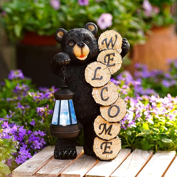 Qeeman Solar Bear Garden Statue: Weatherproof Resin Figurine with Warm Glow Lantern - Outdoor Decor for Yard Pathway Patio Porch Balcony - Gifts for Mom Grandma Bear Lovers