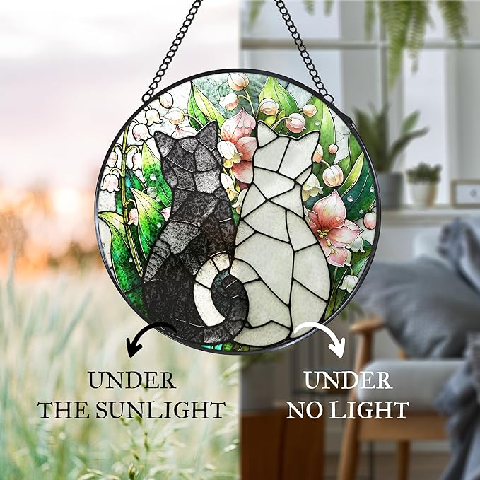 Black White Cats Stained Glass Window Hanging Suncatcher Gifts for Cat Lovers, Lily of The Valley Flower Sun Catcher Indoor Decor, Cat Plant Painted Glass Hanging Decorations, 7.8x7.8 in