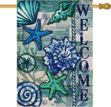 Home Decorative Welcome Summer Coastal House Flag, Nautical Beach Garden Yard Tropical Conch Starfish Shells Outside Decoration, Blue Ocean Sea Outdoor Large Decor Double Sided 28x40