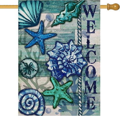 Home Decorative Welcome Summer Coastal House Flag, Nautical Beach Garden Yard Tropical Conch Starfish Shells Outside Decoration, Blue Ocean Sea Outdoor Large Decor Double Sided 28x40