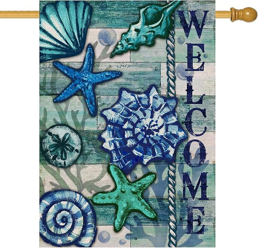 Home Decorative Welcome Summer Coastal House Flag, Nautical Beach Garden Yard Tropical Conch Starfish Shells Outside Decoration, Blue Ocean Sea Outdoor Large Decor Double Sided 28x40
