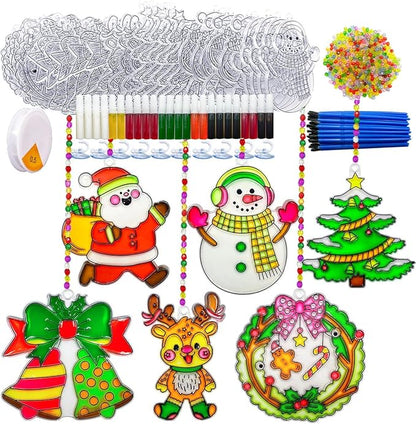 AUEKIV Christmas Suncatcher Kit 30 Sets Christmas Sun Catcher Window Paint Art DIY Craft Kits Santa Snowman Snowflake Reindeer Suncatchers Decoration for Classroom Holiday Home Party Activity Project