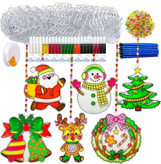 AUEKIV Christmas Suncatcher Kit 30 Sets Christmas Sun Catcher Window Paint Art DIY Craft Kits Santa Snowman Snowflake Reindeer Suncatchers Decoration for Classroom Holiday Home Party Activity Project