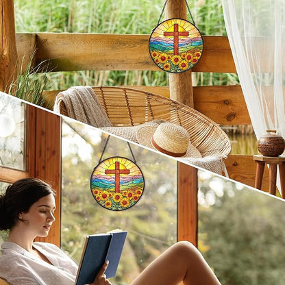 Christian Sunflower Suncatcher Stained Glass Cross Window Hanging Wall Decor, Christmas Religious Gifts for Women, Religious Wildflower Garden Lawn Sun Catchers for Window Hanging,7.9x7.9In