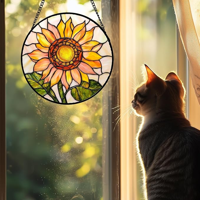 Stained Glass Window Hanging 4 Pcs Set Lily Rose Sunflower Poppy Large 11.8" - Flower Suncatcher Door Garden Sun Catcher Decor Birthday Mother's Day for Wife Woman Nana Girl