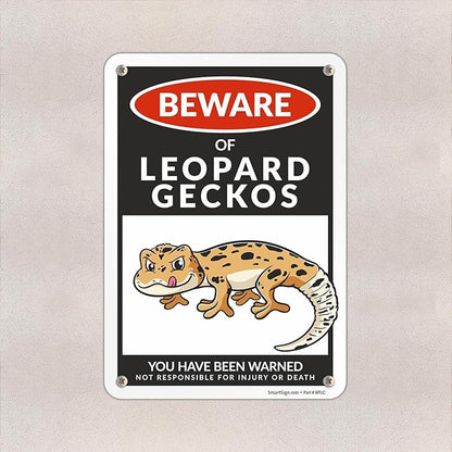 SmartSign Funny Beware Of Leopard Geckos Warning Sign - 10"x7", 40 mil Laminated Rust-free Aluminum - Metal Signs for Wall Decor, Bathroom, Outdoors, Patio, Gifts, Cafe - Geckos Theme, Made in USA