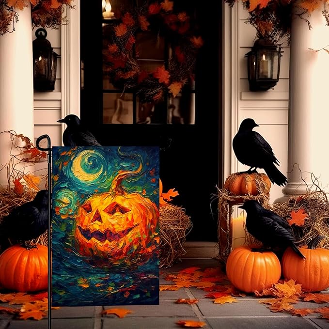 Halloween Garden Flag Pumpkin Garden Flag Custom Personalized Funny Garden Flags Arts Starry Night Sky Moon Yard Flag Double Sided Fall Porch Patio Farmhouse Outdoor Yard Decorative 12x18 Inch