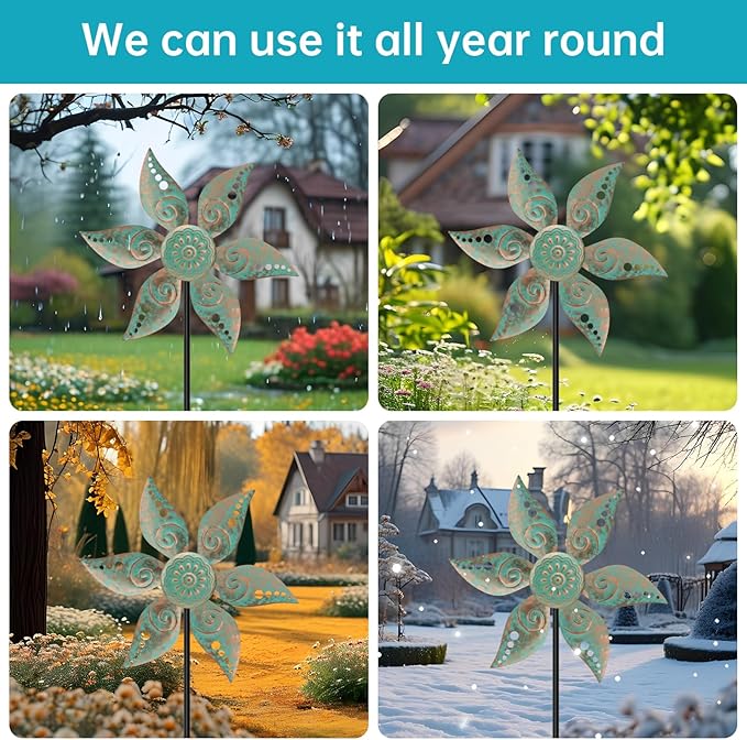 2 Pack Wind Spinners Outdoor Clearance Metal Vintage Green,Wind Sculpture Small Iron Windmill is Decorative Garden Stakes for Patio Lawn Outdoor Yard Lawn Garden Decor