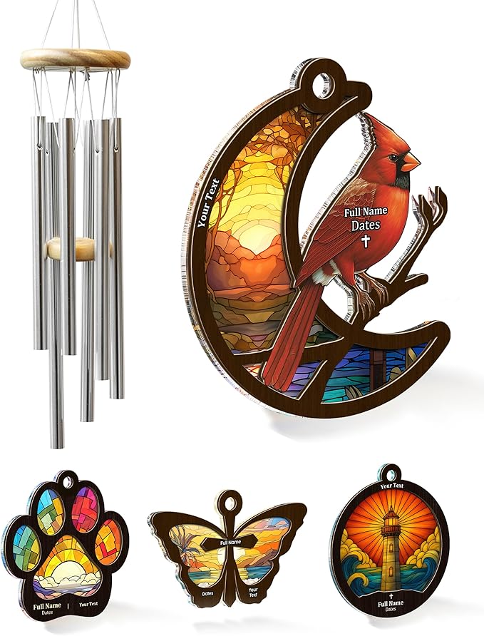 Personalized Sympathy Suncatcher Wind Chimes for Loss of Loved One, 17 Inches, Cardinal Bird - Add Custom Text - Metal Tubes and Suncatcher