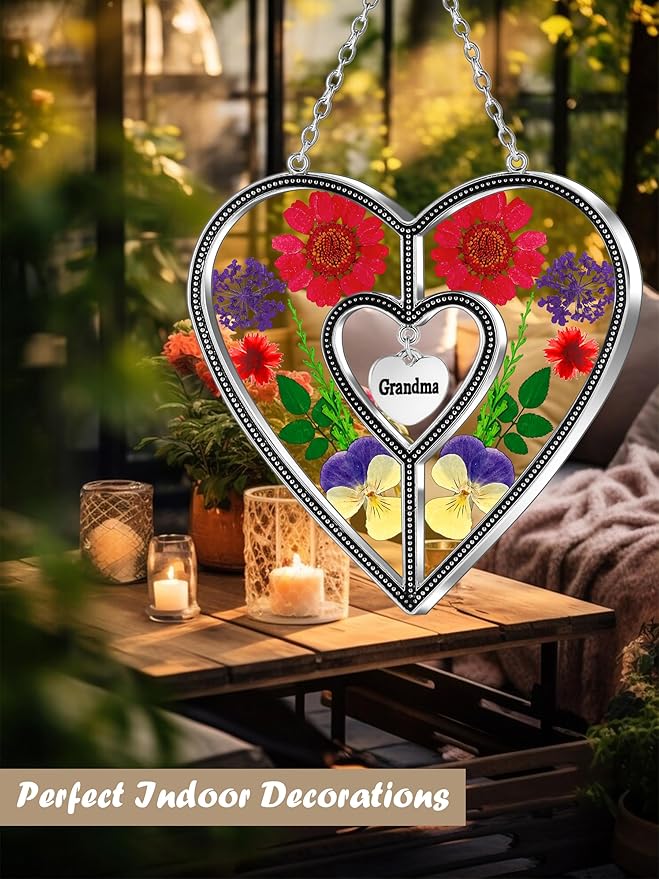 KY&BOSAM Grandma Heart Suncatcher Grandma Gifts Staiend Glass Wind Chimes for Outside Pressed Flower Colorful Heart Suncatchers Outdoor for Garden Windows Indoor Home Trees Patio Yard Porch Decor