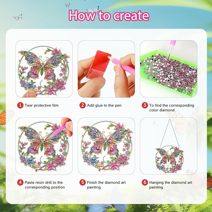 RDCREW DIY Butterfly Diamond Art Wreath Kits - Special Shaped Rhinestone Diamond Painting Suncatcher Hanging Ornament Window Pendants Gift for Home Garden Wall Indoor Outdoor Decor, Small