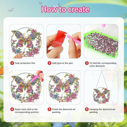 RDCREW DIY Butterfly Diamond Art Wreath Kits - Special Shaped Rhinestone Diamond Painting Suncatcher Hanging Ornament Window Pendants Gift for Home Garden Wall Indoor Outdoor Decor, Small